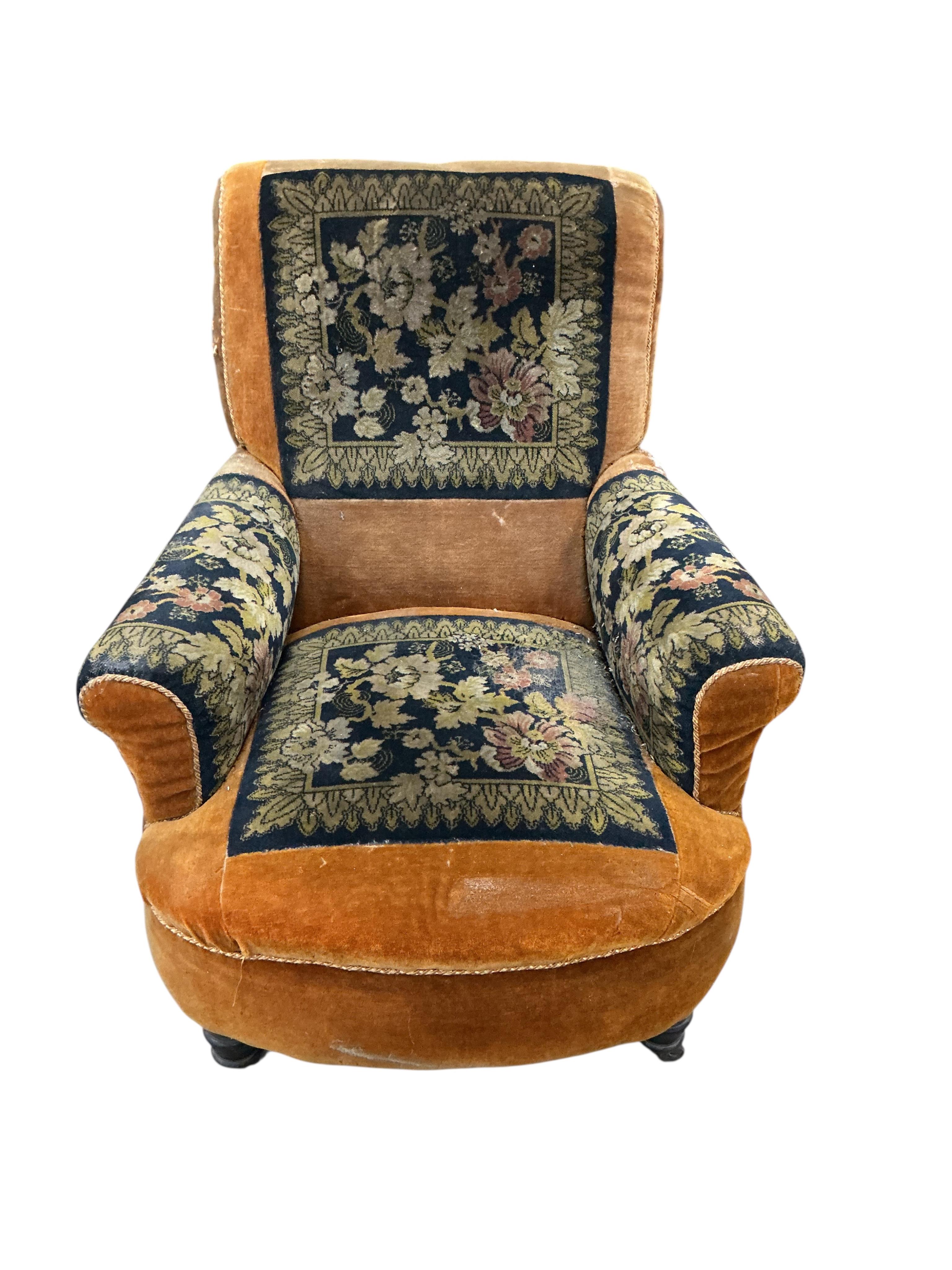 A late Victorian upholstered armchair, width 75cm, depth 74cm, height 88cm
